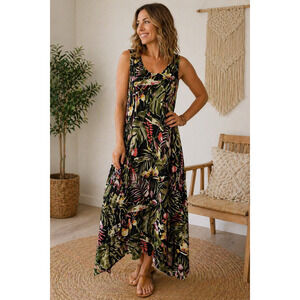Cupio Tropical Print Jungle Sleeveless Handkerchief Hem Maxi Dress Aloha  SP